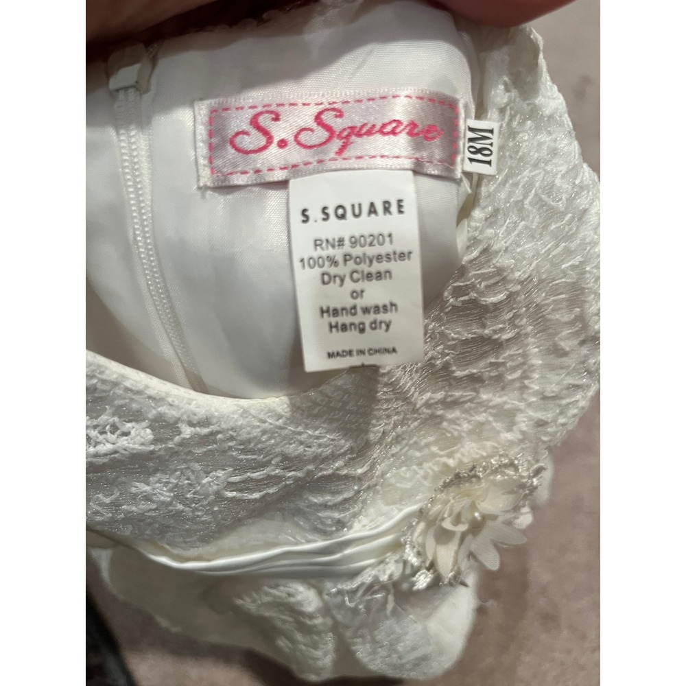 S. Square Baby Girls White Lace Formal Dress Pearl Flower Sash 18M